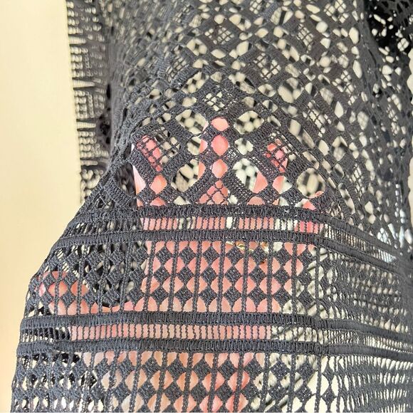 Honey & T Black Crochet High Collar Bell Sleeve Whimsy Goth Boho Blouse Top SZ L - Picture 11 of 15